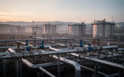 Große Industrieanlagen zur Erdgasspeicherung mit Stahlrohren und Tanks bei Dämmerung. - Foto: über boerse-global.de