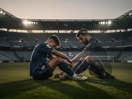 Ein erschöpfter Fußballspieler sitzt nachdenklich auf dem Rasen eines leeren Stadions. - Foto: über boerse-global.de