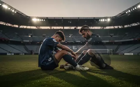 Ein erschöpfter Fußballspieler sitzt nachdenklich auf dem Rasen eines leeren Stadions. - Foto: über boerse-global.de