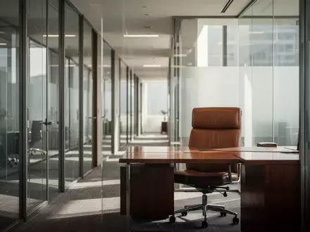 Ein leerer, modern eingerichteter Konferenzraum in einer Anwaltskanzlei mit großen Glasfronten und weichem Tageslicht. - Foto: über boerse-global.de