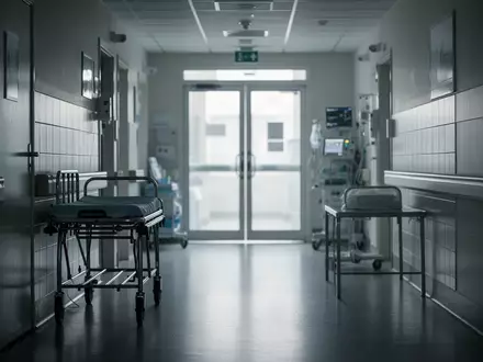 Ein leerer, steril wirkender Krankenhausflur mit einer Krankenliege in einer Klinik. - Foto: über boerse-global.de