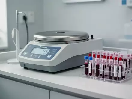 Ein medizinisches Labor-Setup mit Probenröhrchen und einer Zentrifuge für Bluttests in einer sterilen Umgebung. - Foto: über boerse-global.de