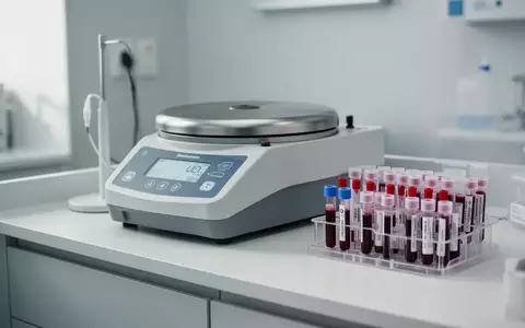 Ein medizinisches Labor-Setup mit Probenröhrchen und einer Zentrifuge für Bluttests in einer sterilen Umgebung. - Foto: über boerse-global.de