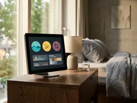 Ein quadratisches Smart-Home-Display auf einem Holztisch in einem modern eingerichteten Wohnraum. - Foto: über boerse-global.de