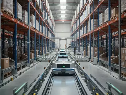 Automatisierte Lagerhalle mit Regalsystemen und fahrenden Robotern zur Palettenlogistik. - Foto: über boerse-global.de