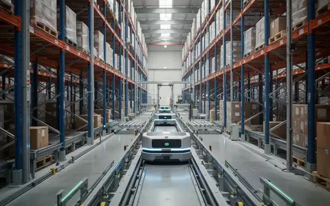 Automatisierte Lagerhalle mit Regalsystemen und fahrenden Robotern zur Palettenlogistik. - Foto: über boerse-global.de