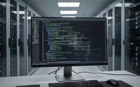 Ein moderner IT-Arbeitsplatz mit einem Monitor, der komplexe Systemarchitektur-Codes in einem Terminalfenster anzeigt. - Foto: über boerse-global.de