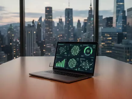 Ein moderner Konferenzraum mit Blick auf eine Finanzmetropole und ein Laptop mit ESG-Datenvisualisierungen. - Foto: über boerse-global.de