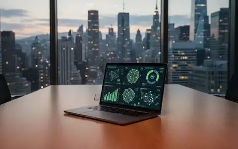 Ein moderner Konferenzraum mit Blick auf eine Finanzmetropole und ein Laptop mit ESG-Datenvisualisierungen. - Foto: über boerse-global.de