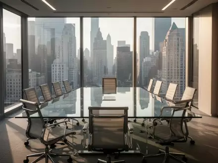 Ein moderner, leerer Konferenzraum in einem Bürogebäude mit Blick auf eine Finanzmetropole. - Foto: über boerse-global.de