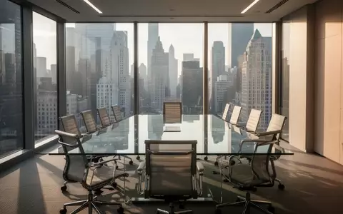 Ein moderner, leerer Konferenzraum in einem Bürogebäude mit Blick auf eine Finanzmetropole. - Foto: über boerse-global.de