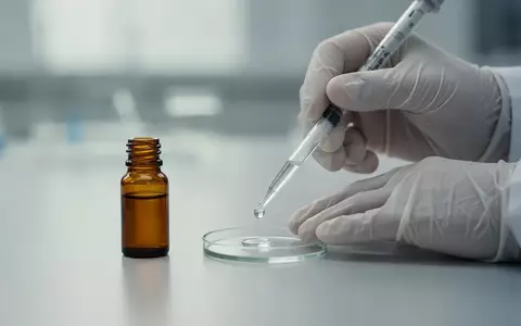 Laborumgebung mit einer Hand, die eine Probe aus einem braunen Fläschchen für eine Qualitätsprüfung entnimmt. - Foto: über boerse-global.de