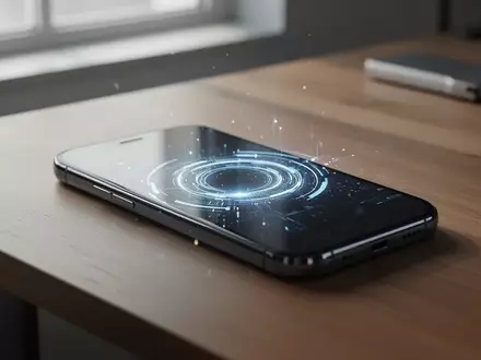 Ein modernes Smartphone liegt auf einem minimalistischen Schreibtisch und zeigt eine abstrakte Benutzeroberfläche. - Foto: über boerse-global.de