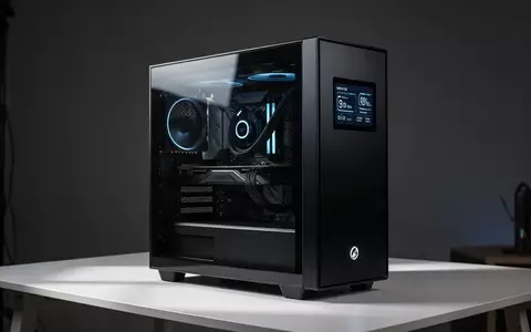 Ein modernes PC-Gehäuse mit integriertem Display, das Systemtemperaturen anzeigt, auf einem minimalistischen Schreibtisch. - Foto: über boerse-global.de