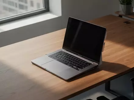 Ein moderner, minimalistischer Büroarbeitsplatz mit einem Laptop auf einem Holztisch bei natürlichem Lichteinfall. - Foto: über boerse-global.de