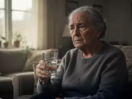Ein nachdenklicher älterer Mensch hält ein Glas Wasser in einem hellen Wohnzimmer. - Foto: über boerse-global.de