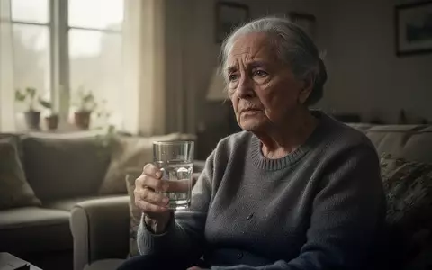 Ein nachdenklicher älterer Mensch hält ein Glas Wasser in einem hellen Wohnzimmer. - Foto: über boerse-global.de