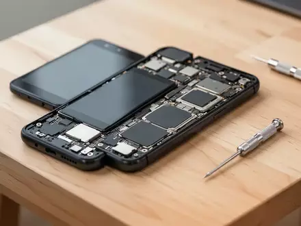 Ein teilweise zerlegtes Fairphone auf einem Werkbank-Tisch, das die modulare Bauweise und interne Komponenten zeigt. - Foto: über boerse-global.de