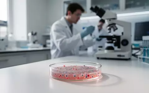 Ein steriler Labortisch mit einer Zellkultur in einer Petrischale vor einem unscharfen Hintergrund mit wissenschaftlicher Ausrüstung. - Foto: über boerse-global.de