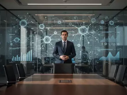 Eine Führungskraft in einem modernen Büro vor einer Glaswand mit abstrakten Datenvisualisierungen zur KI-Governance. - Foto: über boerse-global.de