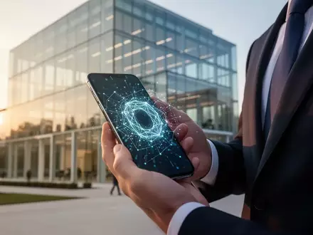 Ein Geschäftsmann hält ein Smartphone mit digitalen Datenmustern vor einem modernen Bürogebäude in Washington D.C. - Foto: über boerse-global.de