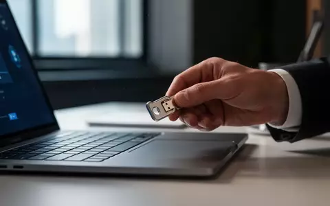 Nahaufnahme einer Hand, die einen physischen Sicherheitsschlüssel an einem Laptop verwendet, um sich authentifizieren. - Foto: über boerse-global.de