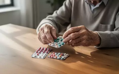 Ein älterer Patient sortiert zu Hause sorgfältig seine Medikamente auf einem Holztisch bei natürlichem Licht. - Foto: über boerse-global.de