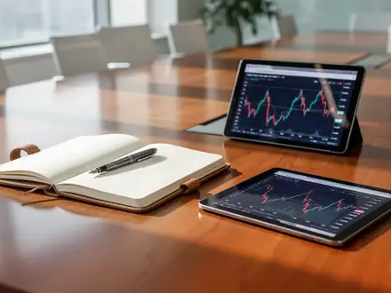 Ein moderner, heller Konferenzraum mit einem Notizbuch und einem Tablet auf einem Holztisch in einer professionellen Büroumgebung. - Foto: über boerse-global.de