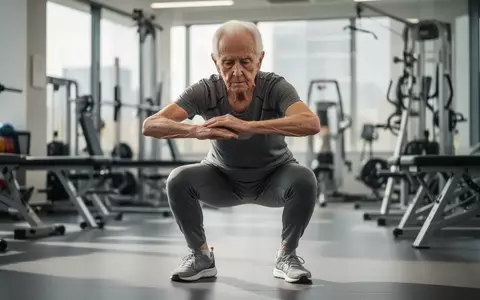 Eine ältere Person bei der kontrollierten Ausführung einer tiefen Kniebeuge in einem modernen Fitnessraum. - Foto: über boerse-global.de