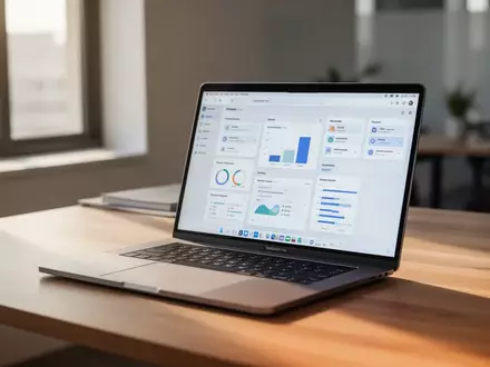 Ein moderner, aufgeräumter Arbeitsplatz mit einem Laptop auf einem Holztisch bei natürlichem Licht. - Foto: über boerse-global.de