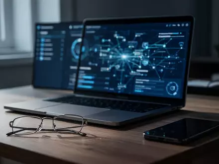 Ein moderner Arbeitsplatz mit Laptop und Smartphone in gedimmtem Licht, der eine professionelle Atmosphäre für Cybersicherheit vermittelt. - Foto: über boerse-global.de