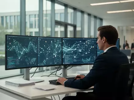 Eine Person arbeitet an einem modernen Behörden-Schreibtisch vor Bildschirmen mit digitaler Datenvisualisierung. - Foto: ĂŒber boerse-global.de