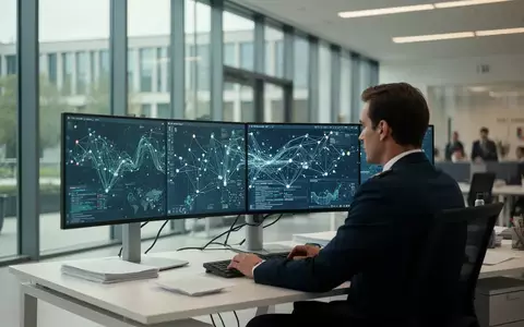 Eine Person arbeitet an einem modernen Behörden-Schreibtisch vor Bildschirmen mit digitaler Datenvisualisierung. - Foto: über boerse-global.de