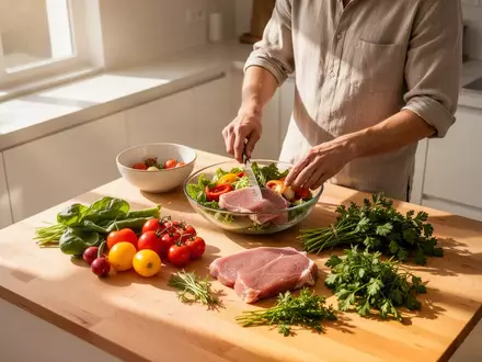 Eine Person bereitet in einer hellen, modernen Küche eine gesunde Mahlzeit aus frischem Gemüse und hochwertigen Zutaten zu. - Foto: über boerse-global.de