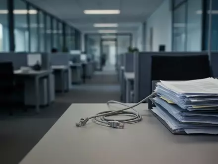 Ein unbesetzter Büroarbeitsplatz in einer Berliner Behörde mit einem ausgesteckten Netzwerkkabel und Aktenstapeln. - Foto: über boerse-global.de