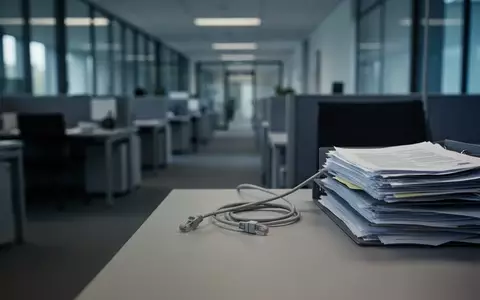Ein unbesetzter Büroarbeitsplatz in einer Berliner Behörde mit einem ausgesteckten Netzwerkkabel und Aktenstapeln. - Foto: über boerse-global.de