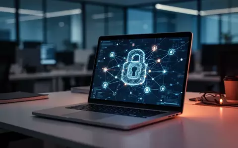 Ein moderner, dunkel beleuchteter Arbeitsplatz mit einem Laptop, auf dem abstrakte digitale Sicherheitsnetzwerke visualisiert sind. - Foto: über boerse-global.de