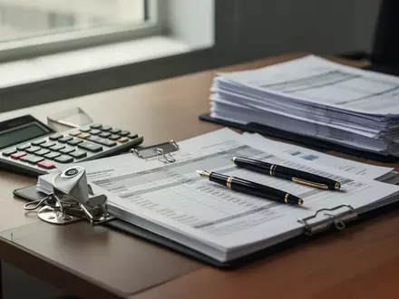 Ein Schreibtisch in einem kleinen Büro mit einem Taschenrechner und Finanzunterlagen bei natürlichem Tageslicht. - Foto: über boerse-global.de