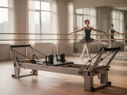 Ein heller Ballettsaal mit einer Ballettstange und einem Pilates-Reformer im sanften Tageslicht. - Foto: über boerse-global.de