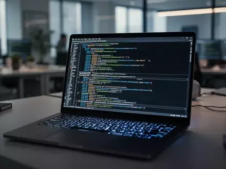 Ein beleuchteter Laptop-Bildschirm zeigt komplexen Programmcode in einer dunklen Büroumgebung. - Foto: über boerse-global.de