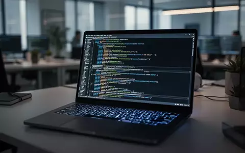Ein beleuchteter Laptop-Bildschirm zeigt komplexen Programmcode in einer dunklen Büroumgebung. - Foto: über boerse-global.de