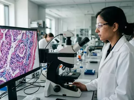 Ein Wissenschaftler untersucht mikroskopische Gewebeschnitte an einem Monitor in einem modernen medizinischen Labor. - Foto: über boerse-global.de
