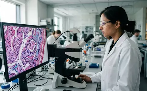Ein Wissenschaftler untersucht mikroskopische Gewebeschnitte an einem Monitor in einem modernen medizinischen Labor. - Foto: über boerse-global.de