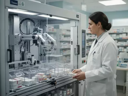 Eine Apothekerin bedient ein automatisiertes Unit-Dose-System zur patientenindividuellen Medikamentenverpackung in einer Klinik. - Foto: über boerse-global.de
