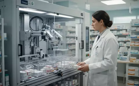 Eine Apothekerin bedient ein automatisiertes Unit-Dose-System zur patientenindividuellen Medikamentenverpackung in einer Klinik. - Foto: über boerse-global.de