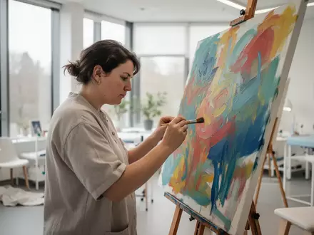 Eine Person malt in einem hellen, freundlichen Atelier an einer Leinwand, während sie an einem kreativen Therapieangebot teilnimmt. - Foto: über boerse-global.de