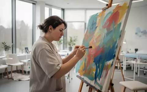 Eine Person malt in einem hellen, freundlichen Atelier an einer Leinwand, während sie an einem kreativen Therapieangebot teilnimmt. - Foto: über boerse-global.de
