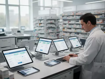 Ein Apotheker arbeitet an einem Tablet in einer modernen, aufgeräumten digitalen Apotheke. - Foto: über boerse-global.de