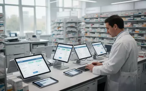Ein Apotheker arbeitet an einem Tablet in einer modernen, aufgeräumten digitalen Apotheke. - Foto: über boerse-global.de