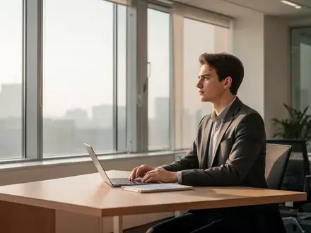 Eine junge Person sitzt nachdenklich an einem hellen Schreibtisch in einem modernen Büro mit Blick aus dem Fenster. - Foto: über boerse-global.de